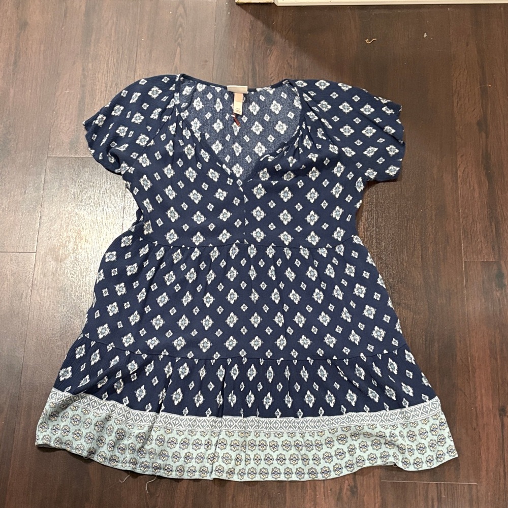 Women's Navy Blue Printed Short-Sleeve Dress